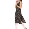 Women Black & Green Floral Printed Sweetheart Neck Side Slited Midi Kurta (S) - Image 4