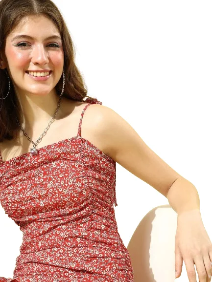 Women Red & White Floral Printed Square Neck Tie-Up Strap Flounce Sheath Mini Dress (Small) - Image 2