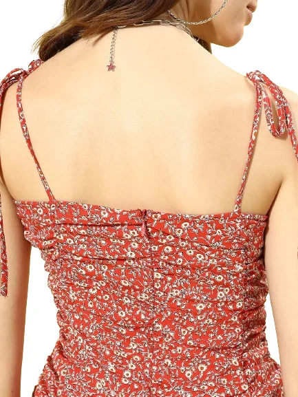 Women Red & White Floral Printed Square Neck Tie-Up Strap Flounce Sheath Mini Dress (Small) - Image 4