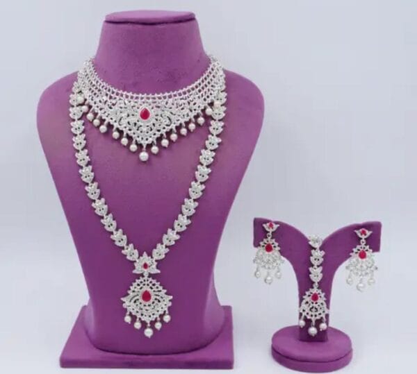 Pink Pearl Elegance: Silver-Plated American Diamond Choker Necklace Set with Maangtikka