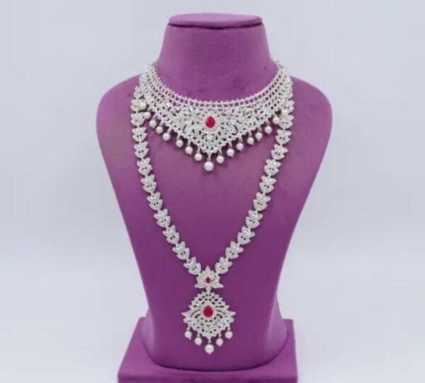 Pink Pearl Elegance: Silver-Plated American Diamond Choker Necklace Set with Maangtikka - Image 3