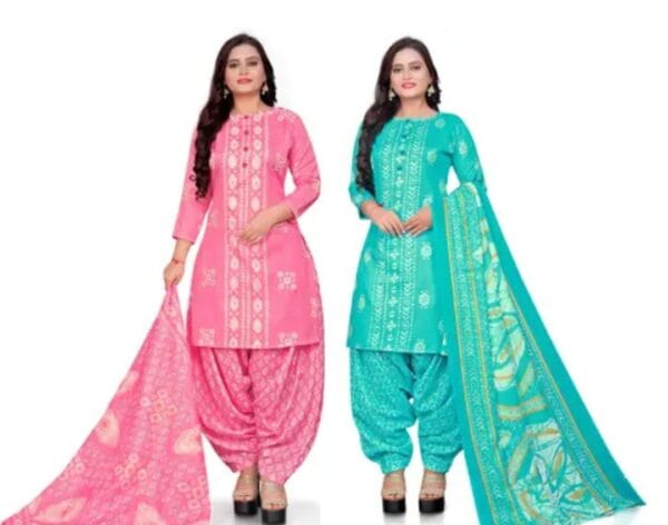 Vibrant Ethnic Elegance: Pink and Aqua Blue Cotton Blend Dress Material