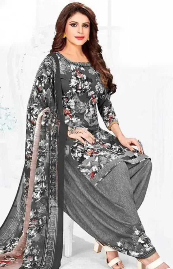 Dark Grey Crepe Floral Printed Dress Material