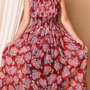 Classy Maroon Fit and Flare Floral Georgette Dress with Square Neck