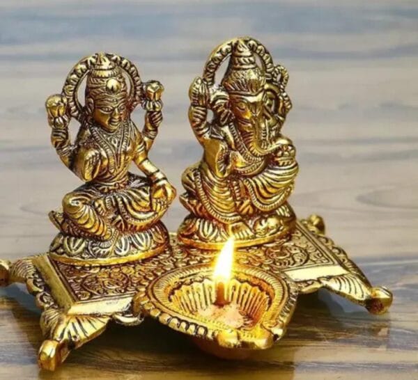 Laxmi Ganesh with Diya Murti in Metal