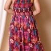 Elegance Pleated Maroon Floral Print Maxi Dress with Shoulder Straps - Image 2