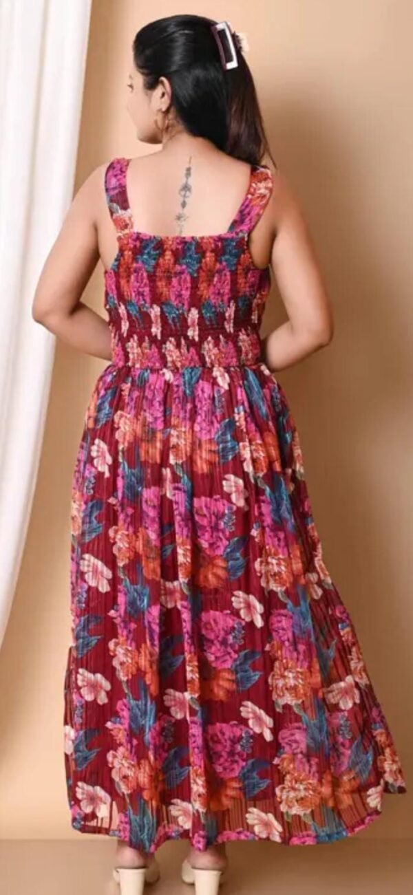 Elegance Pleated Maroon Floral Print Maxi Dress with Shoulder Straps - Image 2