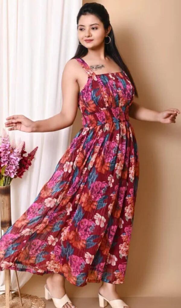 Elegance Pleated Maroon Floral Print Maxi Dress with Shoulder Straps