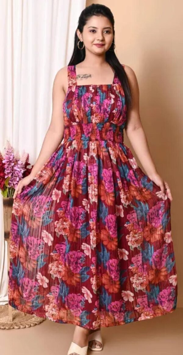 Elegance Pleated Maroon Floral Print Maxi Dress with Shoulder Straps - Image 4