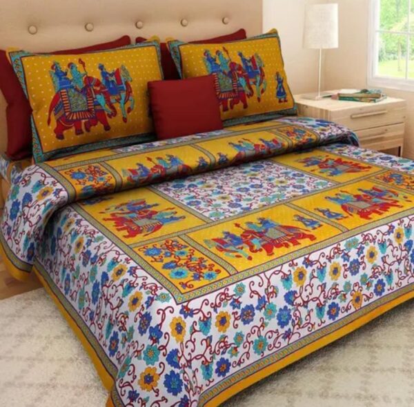 Yellow and White Printed Double Bed Bedsheet Set