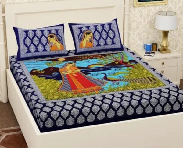 Blue Peacock Printed Double Bed Bedsheet and Pillow Cover Set