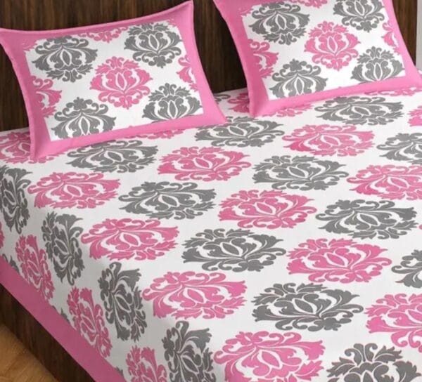 Luxurious Pink and Grey Printed Double Bed Bedsheet and Pillow Cover Set - Image 2