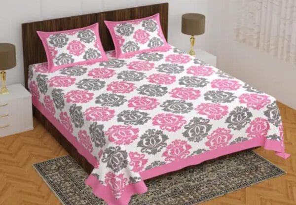 Luxurious Pink and Grey Printed Double Bed Bedsheet and Pillow Cover Set