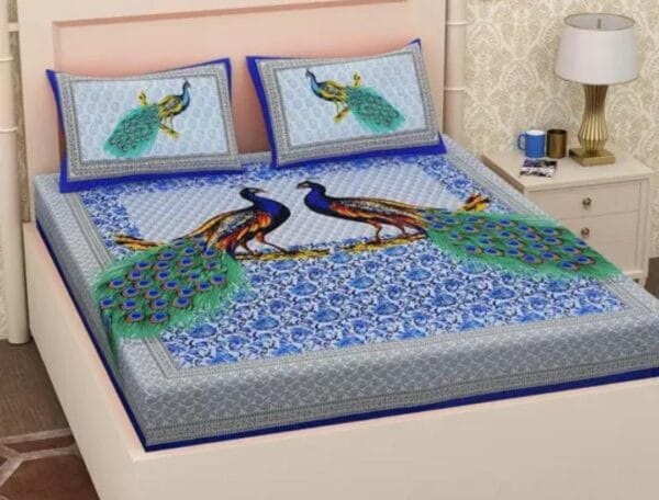 Blue Peacock Printed Double Bed Bedsheet and Pillow Cover Set