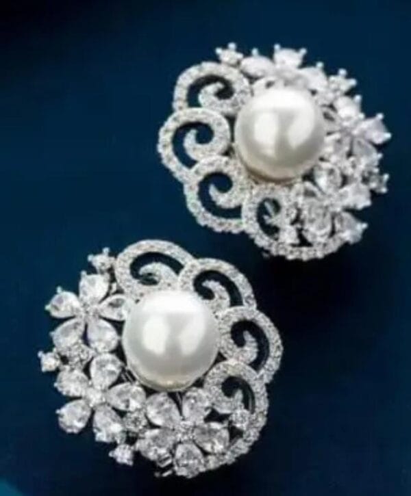 Silver Plated Pearl Stud Earrings with American Diamonds