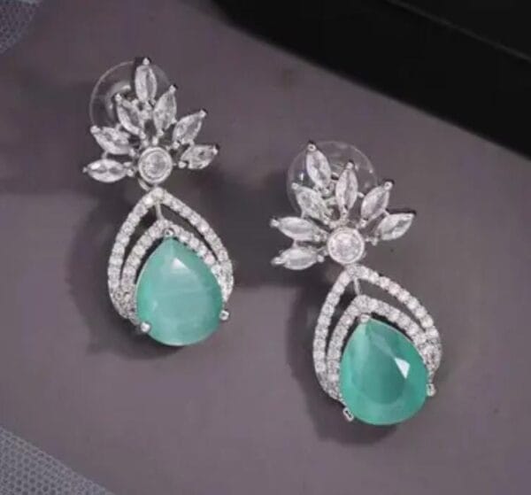 Silver Plated Green Stone Earrings with American Diamonds