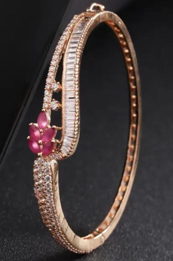 Rose Gold-Plated Ruby and American Diamond Studded Bracelet in Floral Pattern