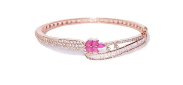 Rose Gold-Plated Ruby and American Diamond Studded Bracelet in Floral Pattern - Image 2