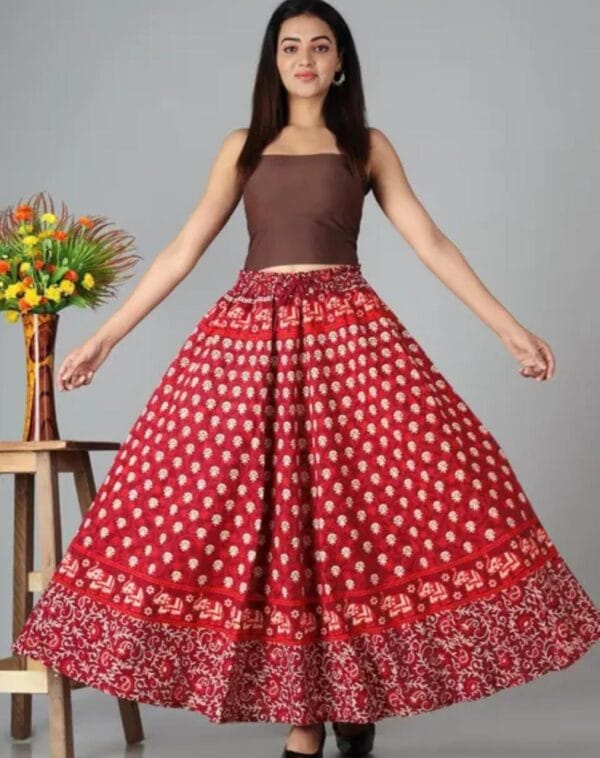 Radiant Elegance: Women's Long Printed Red Cotton Skirt