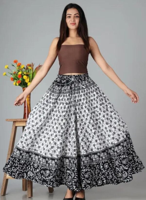 Women's Long Printed Black and White Cotton Skirt