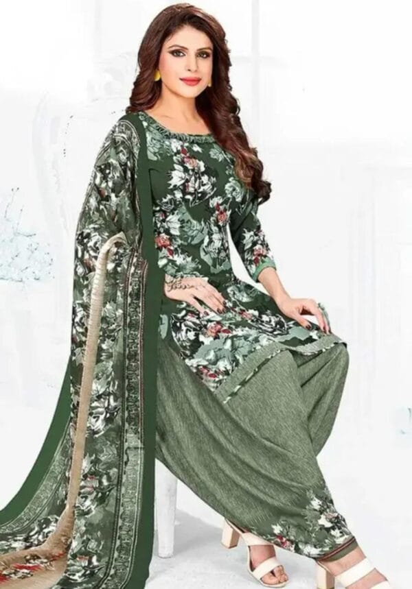 Green Crepe Floral Printed Dress Material Set