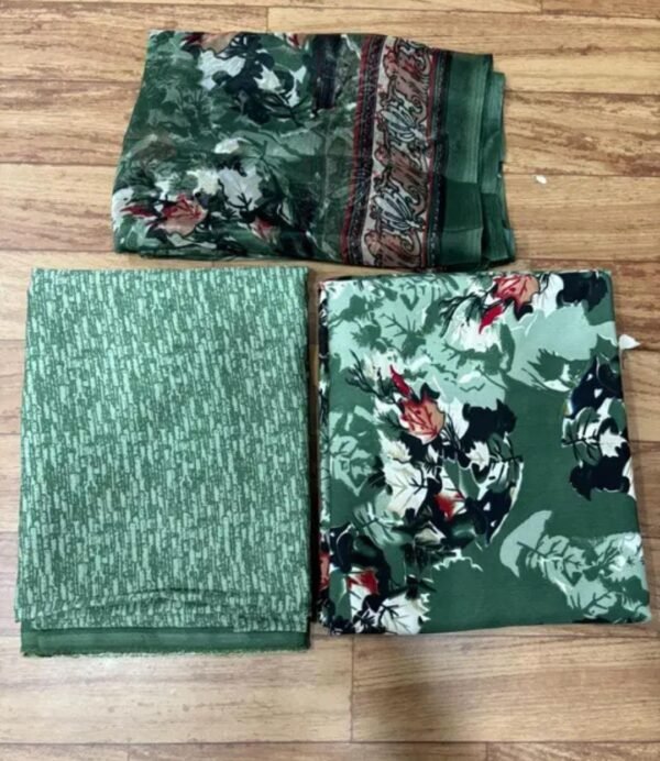 Green Crepe Floral Printed Dress Material Set - Image 2