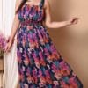 Elegance: Dark Blue Sleeveless Pleated Floral Printed Maxi Dress - Image 2