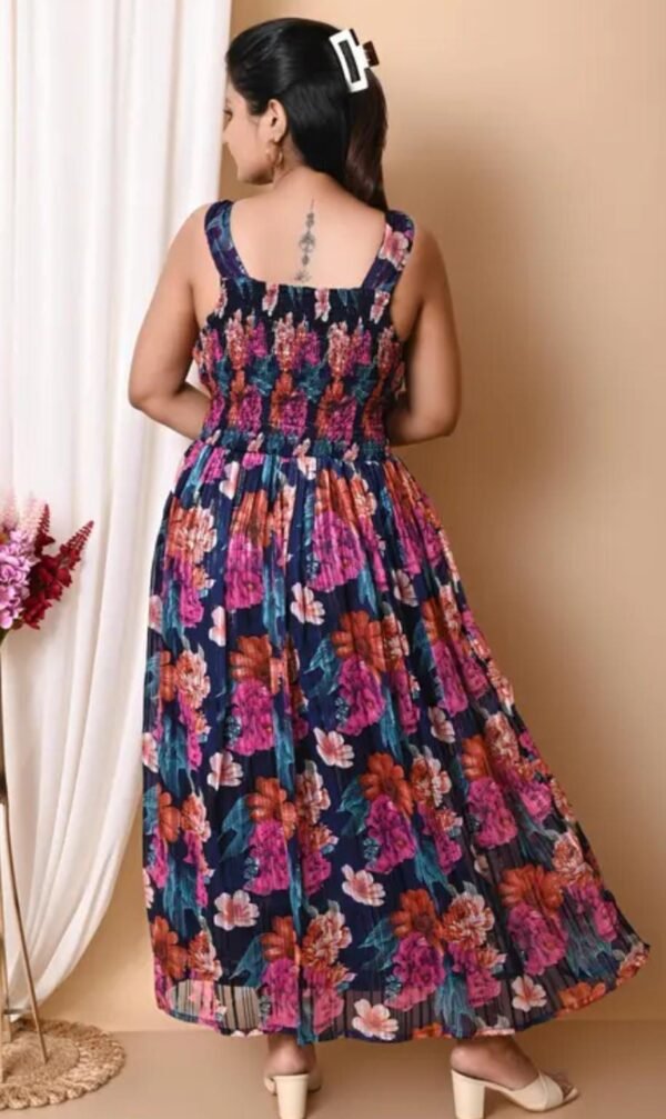 Elegance: Dark Blue Sleeveless Pleated Floral Printed Maxi Dress - Image 3