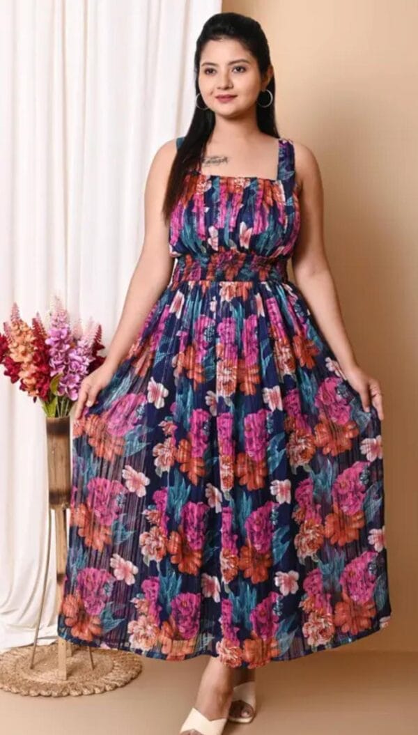 Elegance: Dark Blue Sleeveless Pleated Floral Printed Maxi Dress