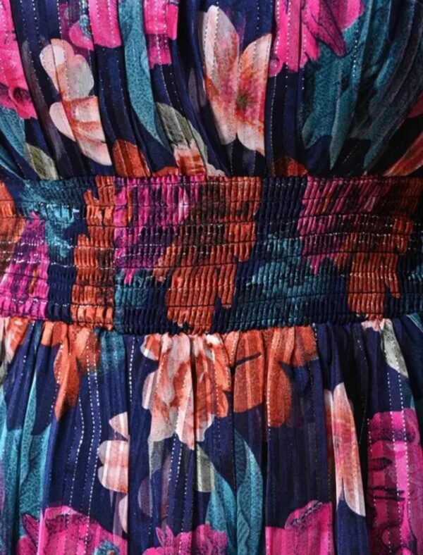 Elegance: Dark Blue Sleeveless Pleated Floral Printed Maxi Dress - Image 4