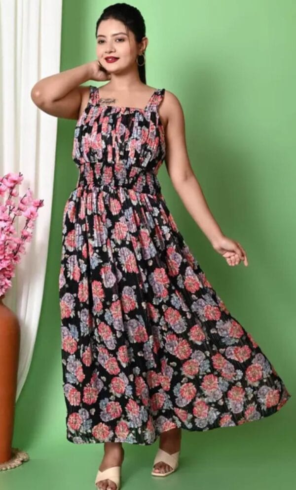 Classy Georgette black Floral Square Neck Maxi Dress for Women and Girls