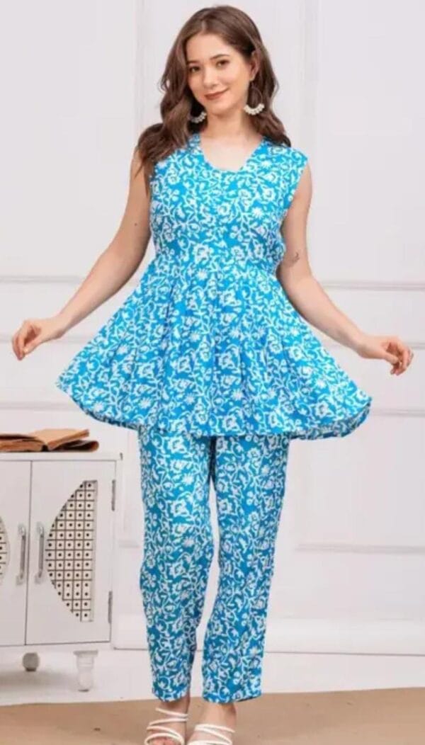 Stylish Blue Printed Co-Ord Set for Women - Rayon Sleeveless Crop Top and Trousers