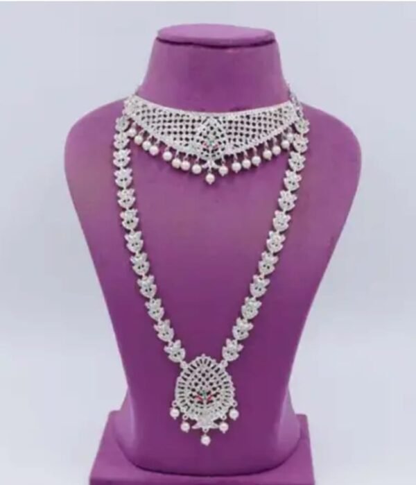 American Diamond Gold Plated Pink and Green Bridal Jewelry Set for Weddings - Image 3