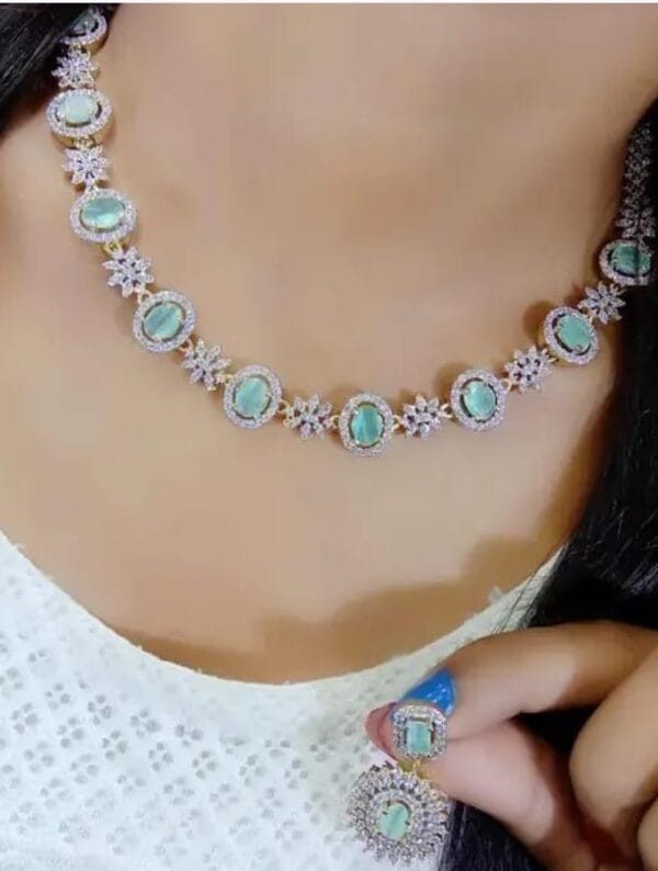 American Diamond Gold-Plated Mint Green Jewelry Set for Bridal and Festive Occasions