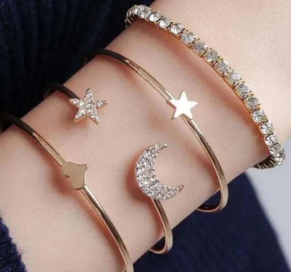 Stylish Studded Moon, Star, and Heart Combo: Set of 4 Rose Gold-Plated Cuff Bracelets for Women and Girls