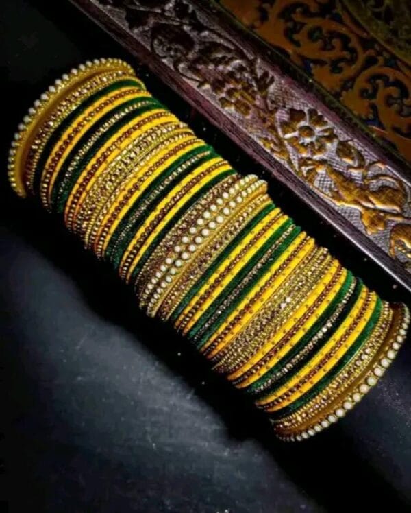 Elegant Yellow and Dark Green Chuda with White Stones