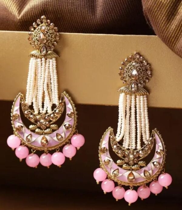 Gold Plated American Diamond Studded Chandbali Earrings with Meenakari in Pink and White