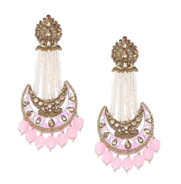 Gold Plated American Diamond Studded Chandbali Earrings with Meenakari in Pink and White - Image 2