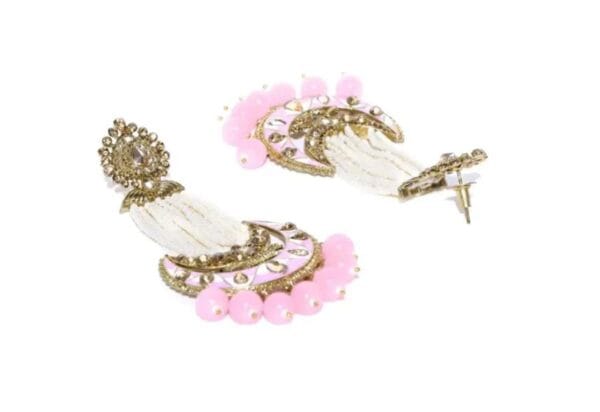 Gold Plated American Diamond Studded Chandbali Earrings with Meenakari in Pink and White - Image 3