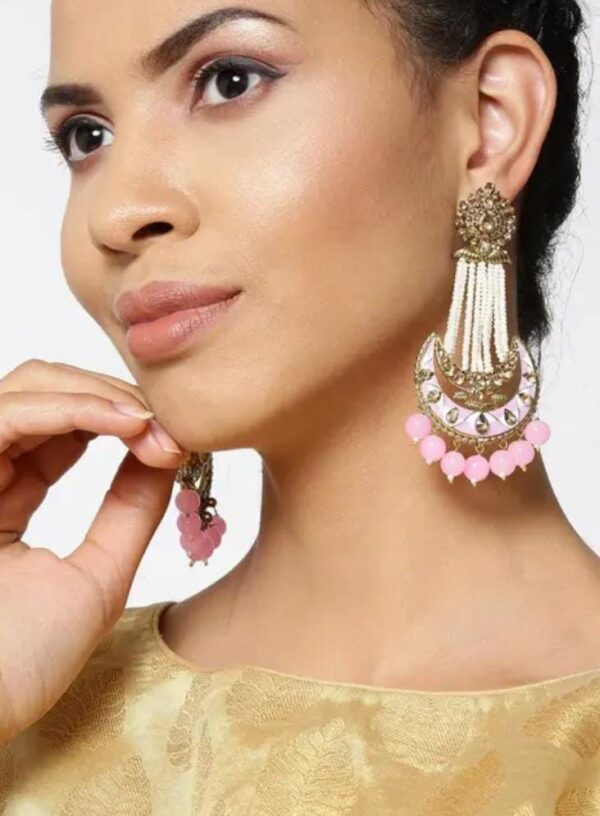 Gold Plated American Diamond Studded Chandbali Earrings with Meenakari in Pink and White - Image 4