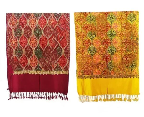 Combo Set of 2 Red and Yellow Kashmiri Embroidered Wool Shawls Premium Quality Aari Work Winter Wear for Women (28"x80")