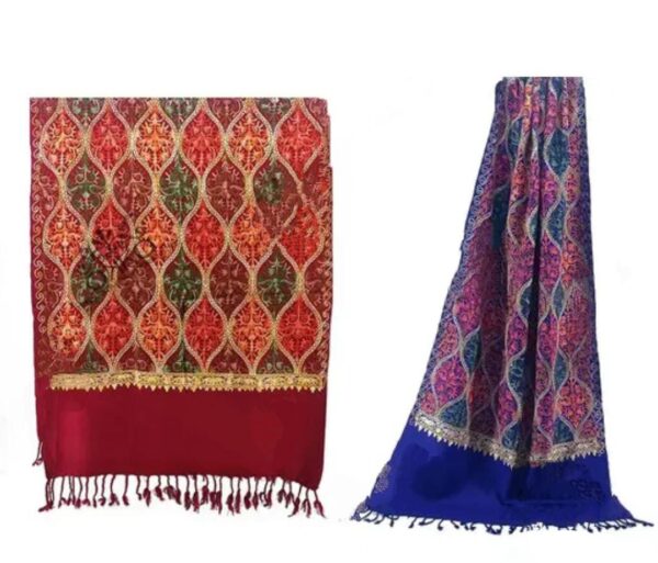 Combo Set of 2 Red and Blue Kashmiri Embroidered Wool Shawls Premium Quality Aari Work Winter Wear for Women (28"x80")