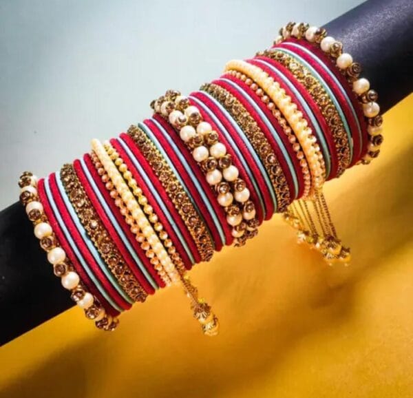 Elegant Red Surf & Gold-Plated Pearl Studded Kada with Velvet Bangles - Pack of 42: Exquisite Chuda Set for Women and Girls - Image 2