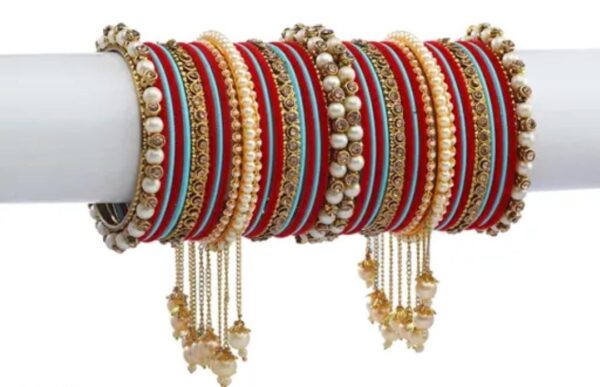 Elegant Red Surf & Gold-Plated Pearl Studded Kada with Velvet Bangles - Pack of 42: Exquisite Chuda Set for Women and Girls - Image 3