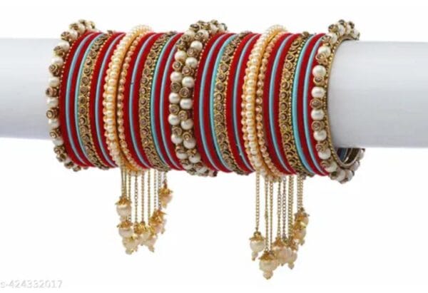 Elegant Red Surf & Gold-Plated Pearl Studded Kada with Velvet Bangles - Pack of 42: Exquisite Chuda Set for Women and Girls