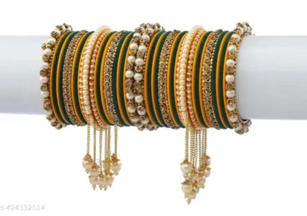 Exquisite Haldi & Kai Gold-Plated Dark Green Pearl Studded Kada with Velvet Bangles - Pack of 42: Luxurious Bangle Set for Women and Girls