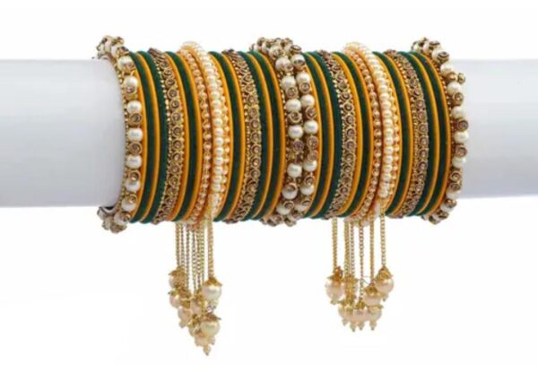 Exquisite Haldi & Kai Gold-Plated Dark Green Pearl Studded Kada with Velvet Bangles - Pack of 42: Luxurious Bangle Set for Women and Girls - Image 2