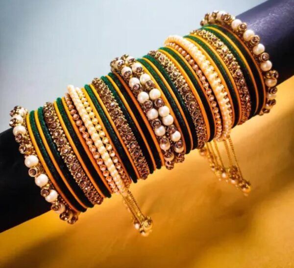 Exquisite Haldi & Kai Gold-Plated Dark Green Pearl Studded Kada with Velvet Bangles - Pack of 42: Luxurious Bangle Set for Women and Girls - Image 3