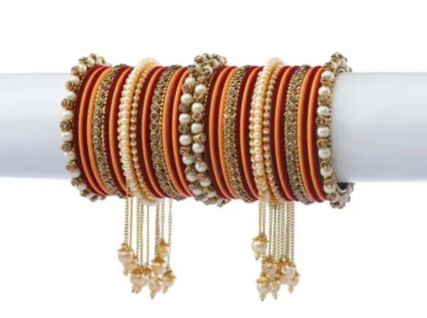 Elegant Maroon & Peach Gold-Plated Pearl Studded Kada with Velvet Bangles - Pack of 42: Exclusive Bangle Set for Women and Girls - Image 2