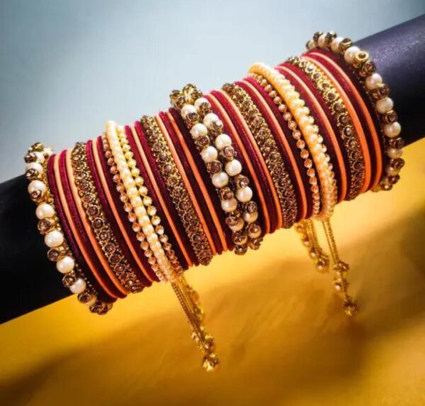 Elegant Maroon & Peach Gold-Plated Pearl Studded Kada with Velvet Bangles - Pack of 42: Exclusive Bangle Set for Women and Girls - Image 3